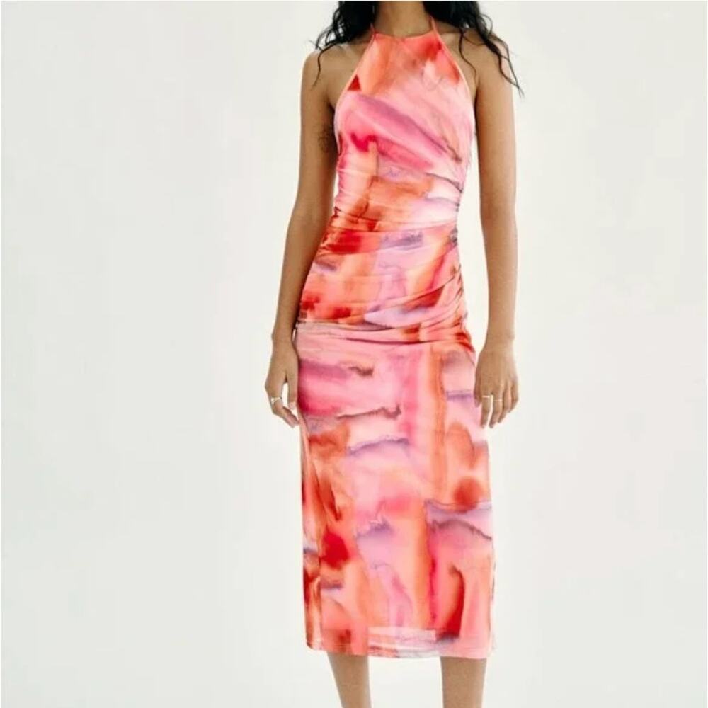 Zara Pink and Orange Watercolor Halter Midi Dress